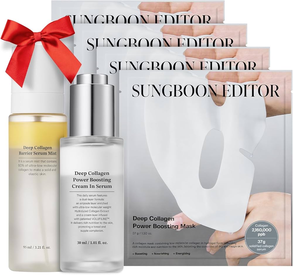 Amazon.com : SUNGBOON EDITOR Collagen Boosting TRIO: Deep Collagen Mask (4ea) & Serum Mist & Cream in Serum, Best Korean Glass Skin Care Set, Skincare Gift Sets for Mom : Beauty &