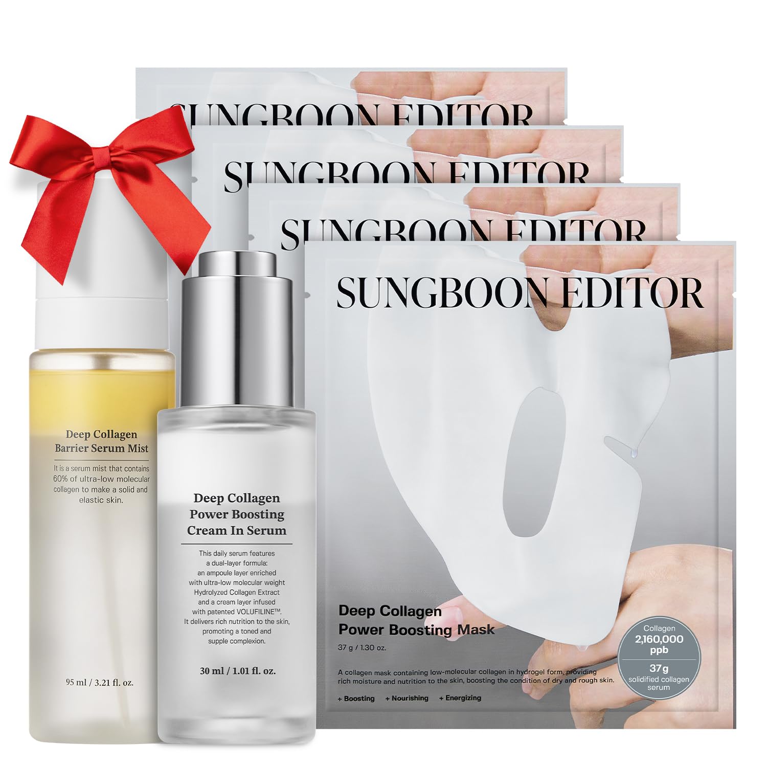 SUNGBOON EDITOR Collagen Boosting TRIO: Deep Collagen Mask (4ea) & Serum Mist & Cream in Serum, Best Korean Glass Skin Care Set, Skincare Gift Sets for Mom | Christmas Gift Sets