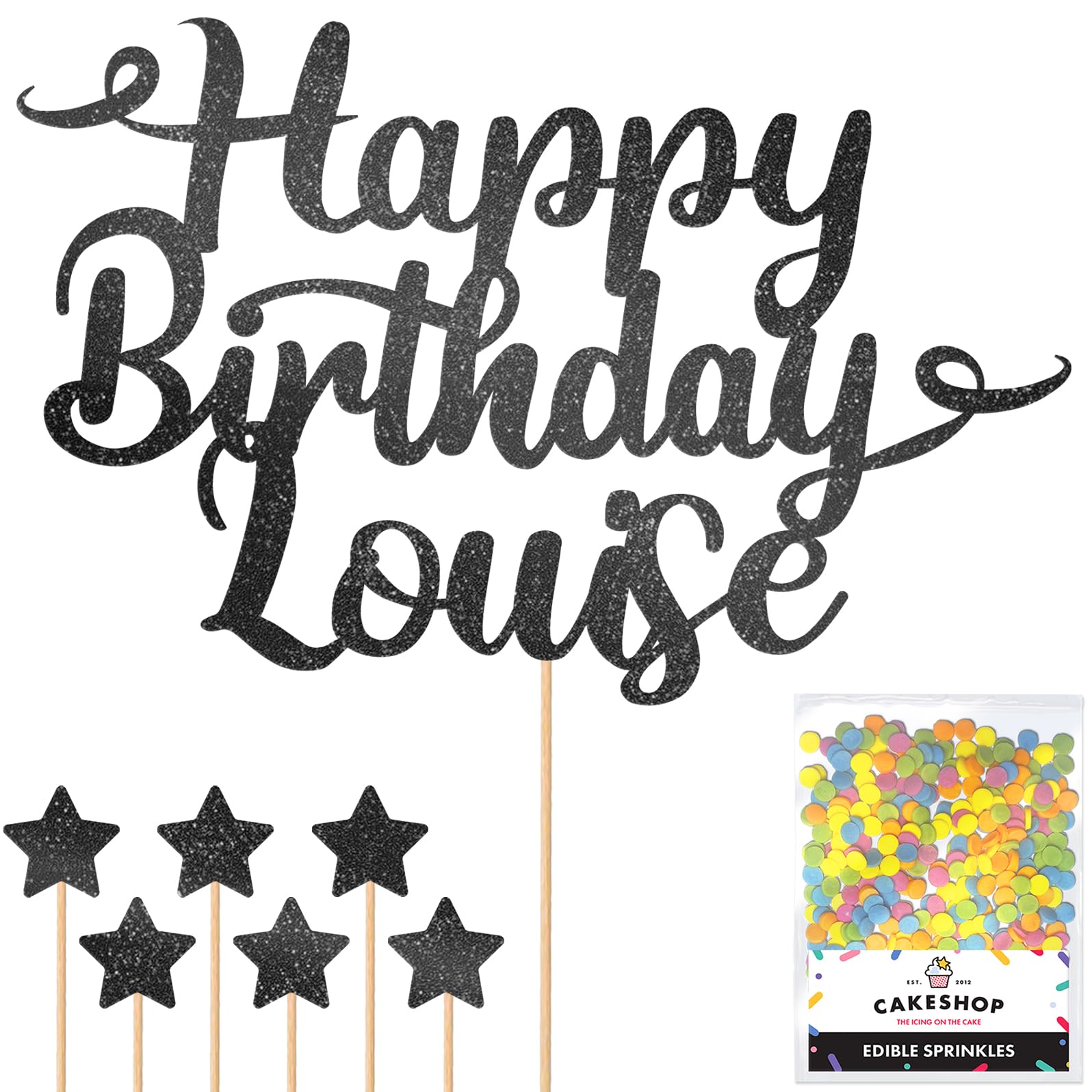 Personalised Happy Birthday Glitter Cake Topper - Black Any Name Glitter Cake Decoration and Sprinkles - Happy Birthday Decorations - Personalised Toppers for Cakes by Cakeshop