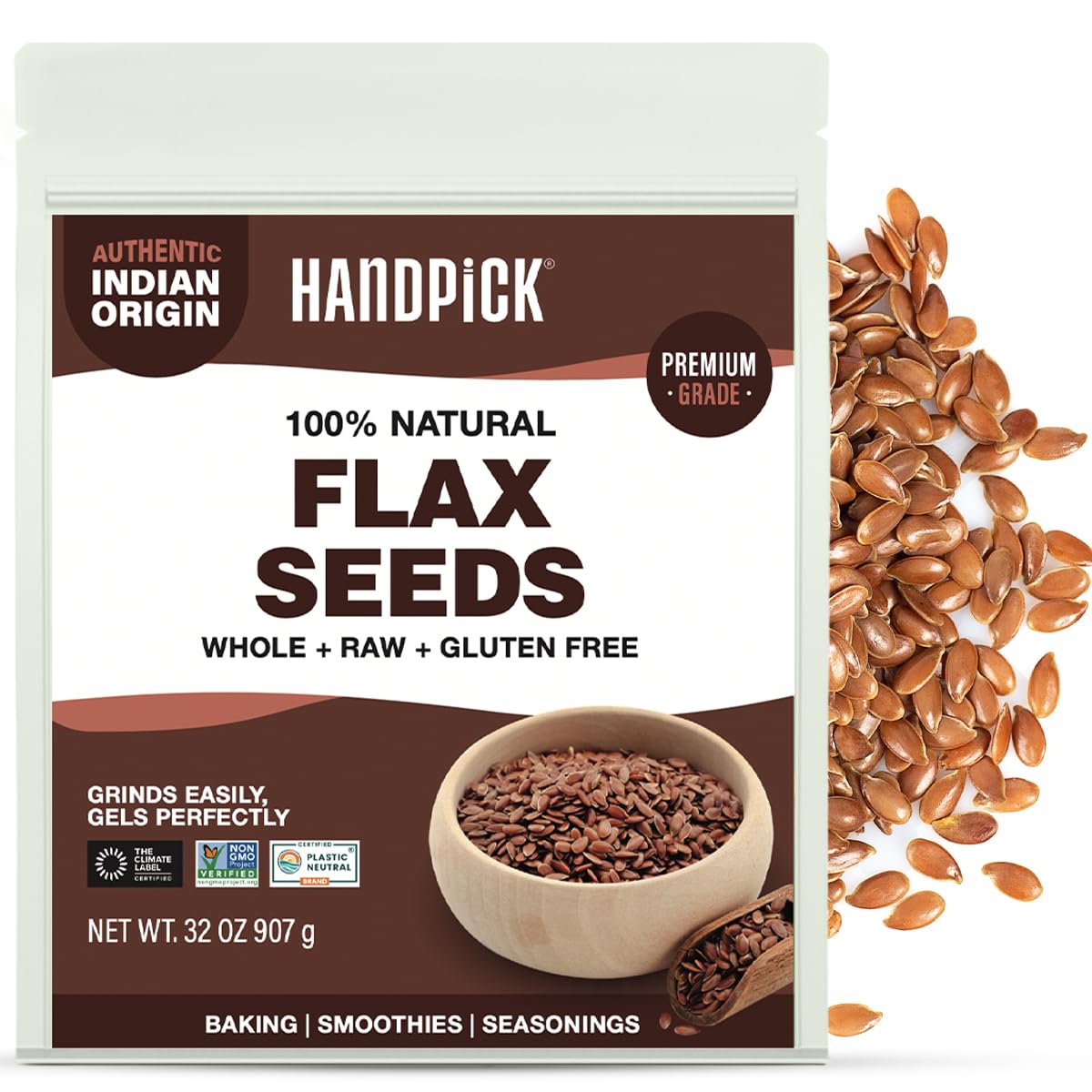 HANDPICK Flax Seed (2 lb) | Gluten Free Brown Seeds | Raw Seeds Sourced from India | Grinds easily, Gels perfectly | Resealable Zip Lock Pouch