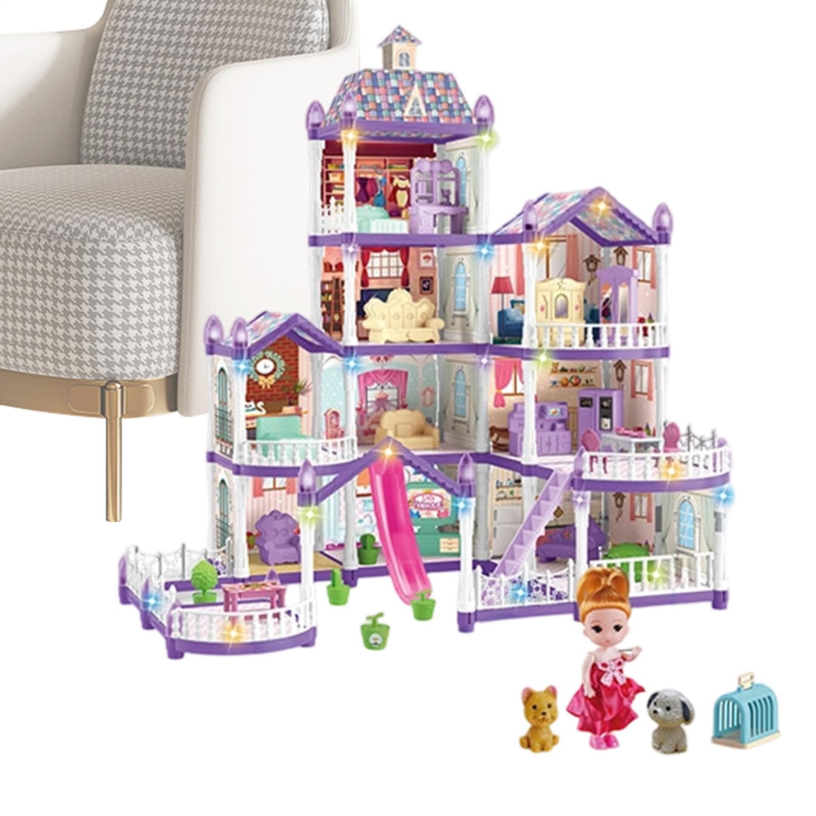 Dom dla Lalek dla Dzieci 4 Poziomy 13 Pomieszczeń Miniaturowa Willa Do | 3 Księżniczki, 2 Szczeniaki, Meble i Akcesoria Zestaw Domku do Zabawy Dla Dziewczynek 4-6 Lat Do Zaba