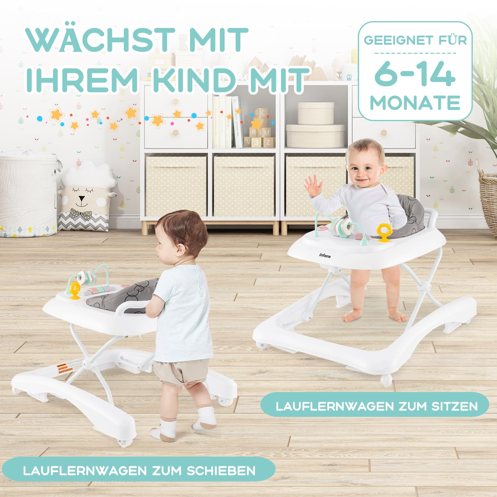 GOPLUS Baby Walker, pomoc do nauki chodzenia 2 w 1, wózek przesuwny z kółkami, ochrona przed przewróceniem, regulowana wysokość i tablet do zabawy, wózek do nauki chodzenia bez chodzenia dla dzieci w
