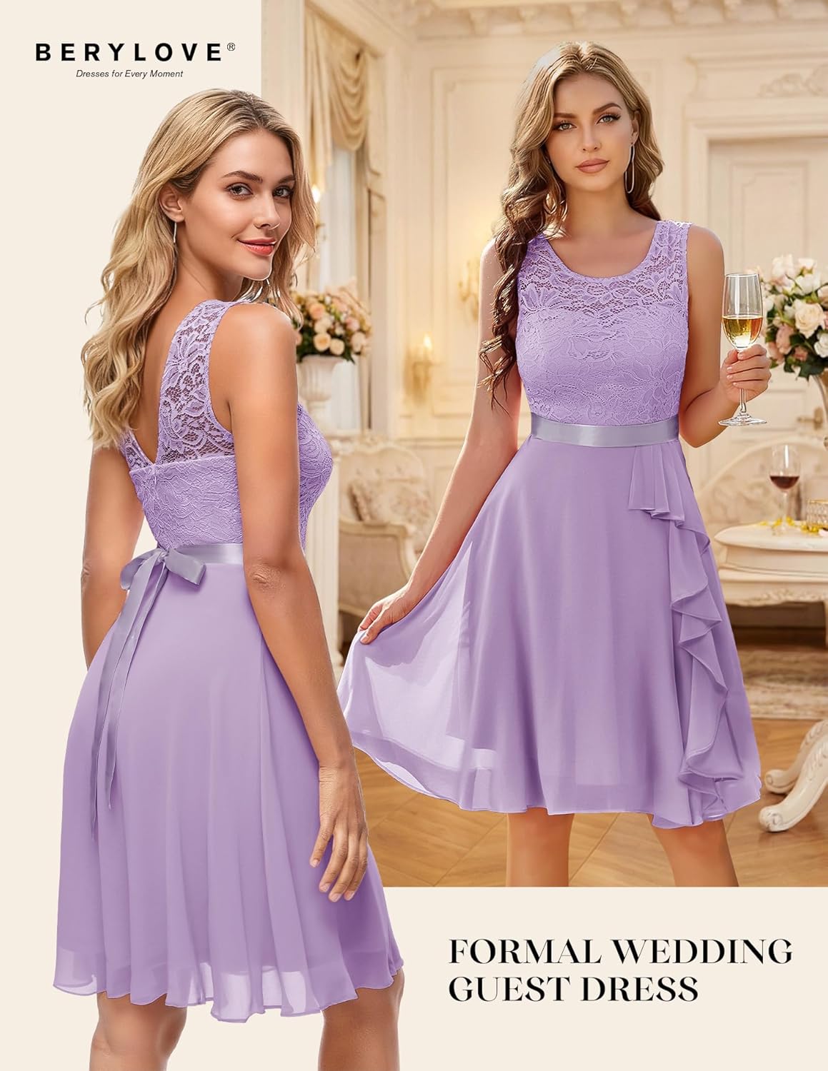 BeryLove Formal Cocktail Dresses Bridesmaid Wedding Guest Short Prom Dress Ruffle Hem Sleeveless Homecoming Lace Gowns - Image 4