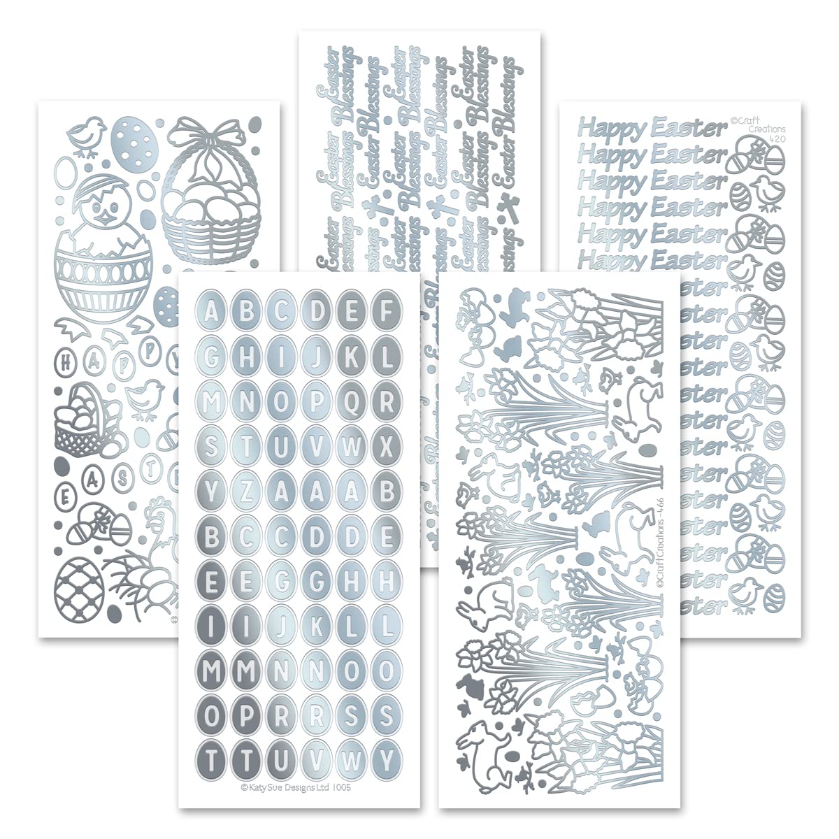 Katy Sue Easter Selection Silver Self-Adhesive Peel-Off Stickers for Easter Card Making. A Pack of 15 Sheets. Perfect for Embellishing Easter Cards and Scrapbooks.