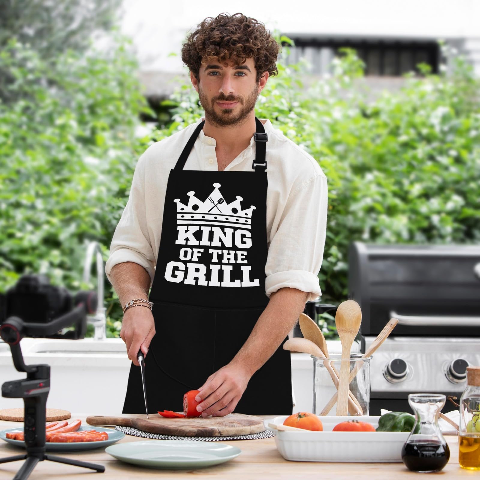 LINEN CLOSET® King of the Grill Apron for Men Funny Aprons Professional Bbq Aprons Kitchen Cooking Gift Apron with 2 Front Pockets-King of the Grill - Image 2