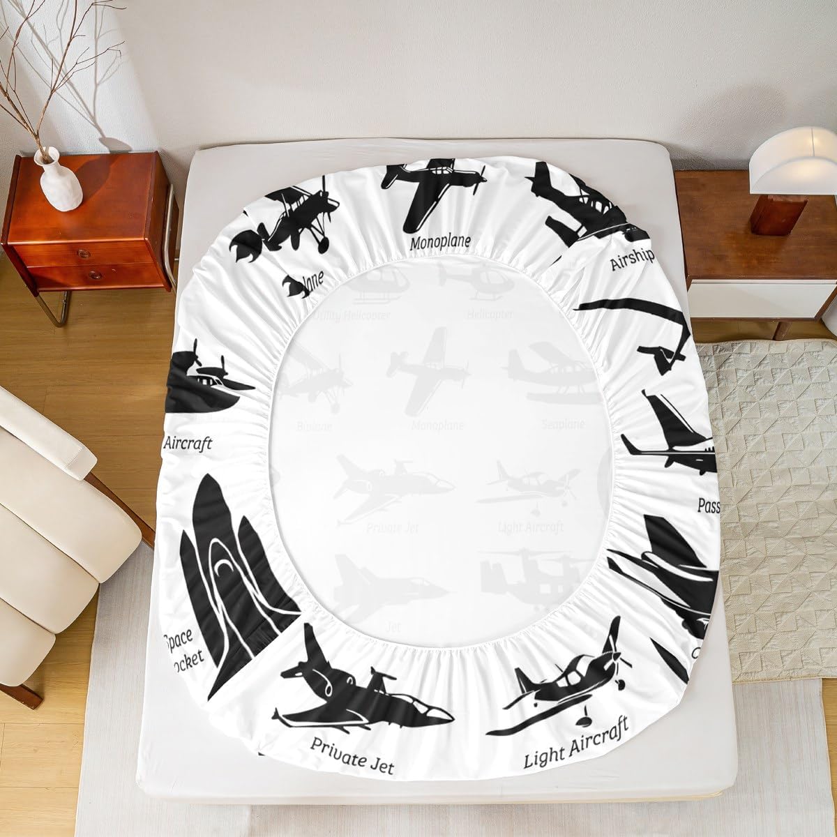 Erosebridal Airplane Bed Sheets Twin,Black White Airplanes Bedding Set Space Rocket Aircraft Fitted Sheet for Boys Kids Teens Room Decor,Helicopter Biplane Bedding Sets with 1 Pillow Case