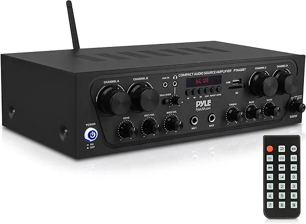 Pyle PTA42BT Wireless Karaoke Bluetooth Stereo Receiver - 4 Channel Power Amplifier w/USB,2 Microphone Input w/ Echo,Talkover for PA Great for Home Speaker System,Black