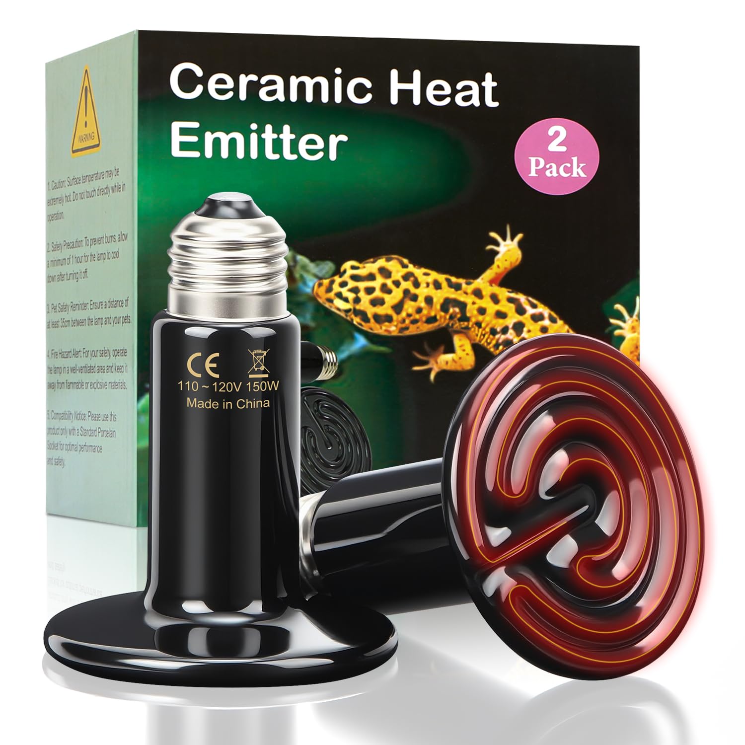 2-Pack 150W Ceramic Heat Emitter for Reptiles - No Light Night Time Heat Bulbs for Bearded Dragons, Geckos, Iguanas, Lizards, E26 Base