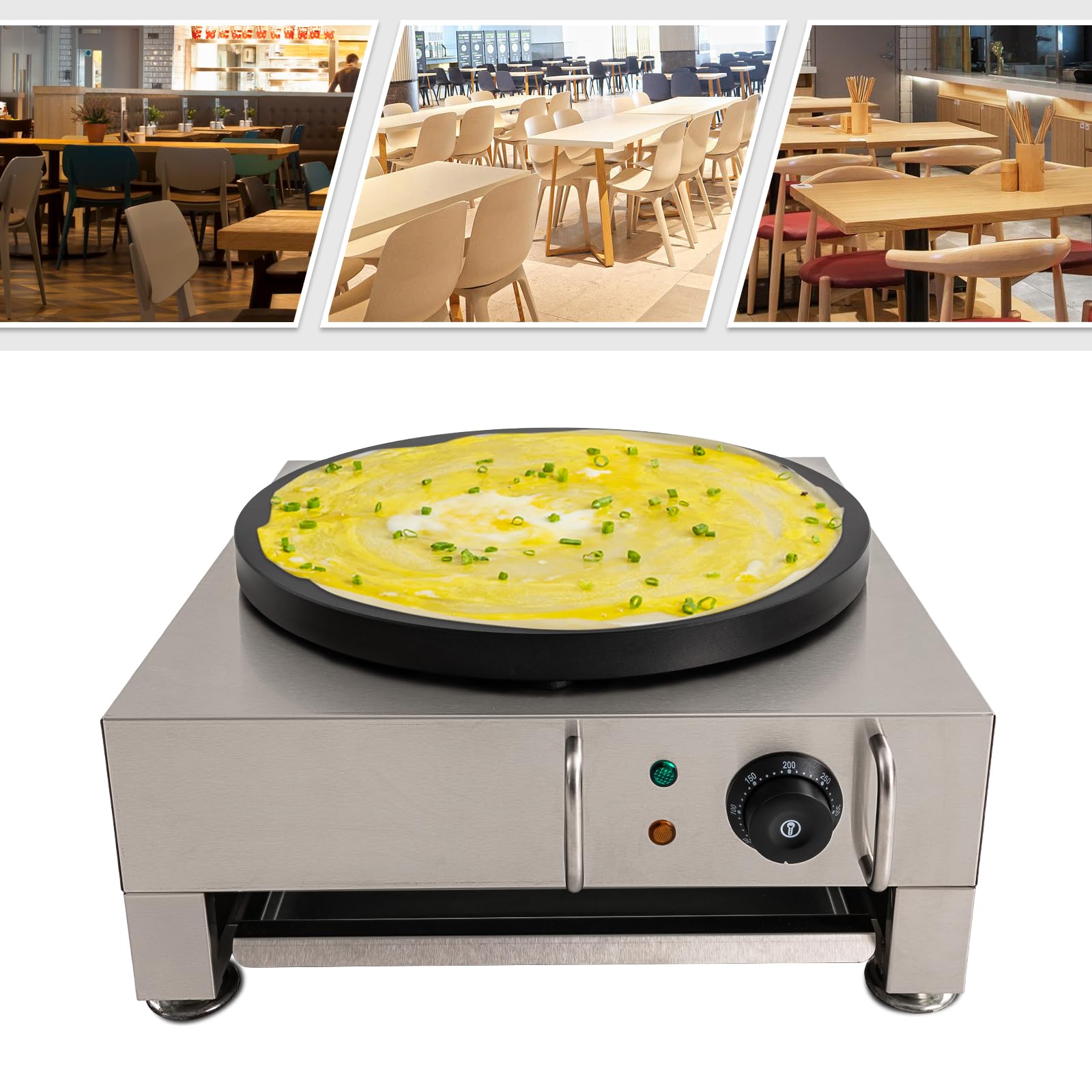 2800 W, 40 cm de diámetro, máquina para crepes con carcasa de acero inoxidable, placa antiadherente y control de temperatura, adecuada para uso doméstico y comercial