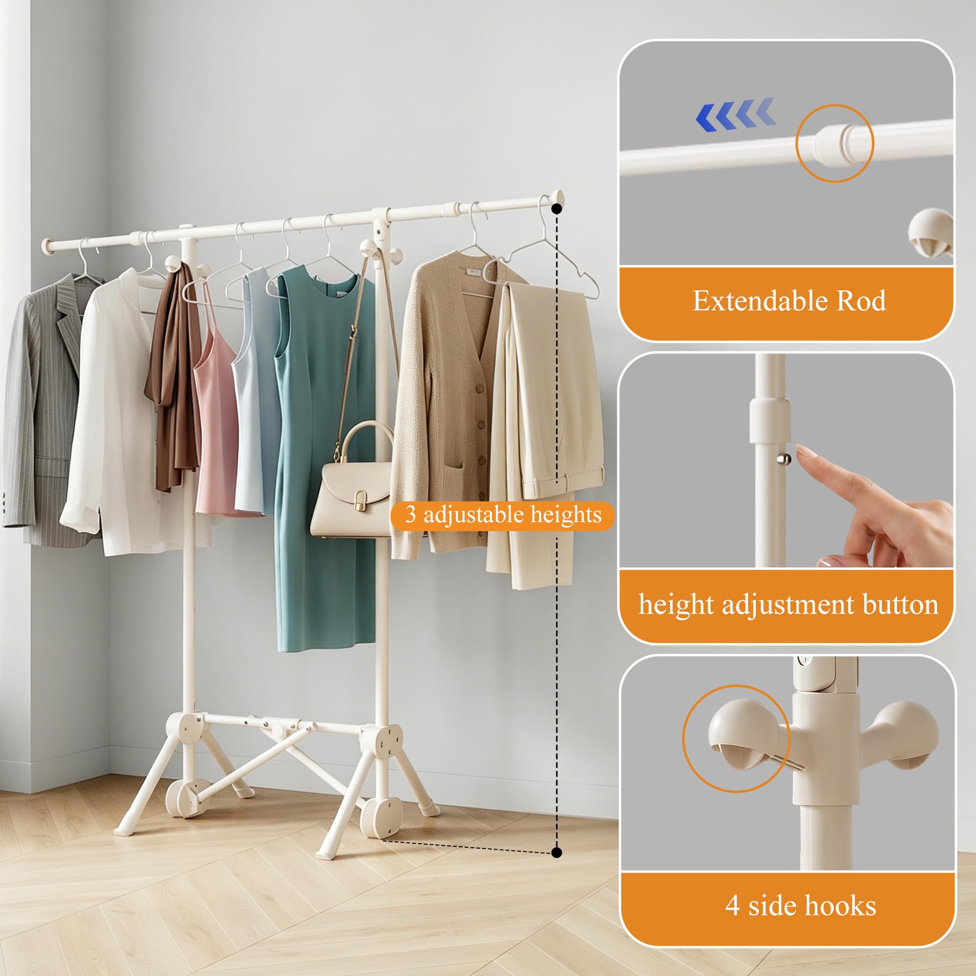Perchero burro, Pequeño Perchero Plegable con 3 Altura Regulable | 4 ganchos laterales, varilla extensible única, acero al carbono resistente, Hasta 50 kg de carga, Blanco Crema