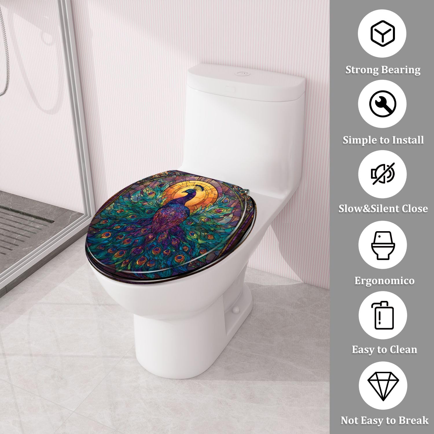 Sedile WC rotondo in resina decorativa di alta qualità, con maestosa decorazione effetto marmo e vetrata, cerniere a chiusura ammortizzata e sgancio rapido, paracolpi e coperchio, facile da installare