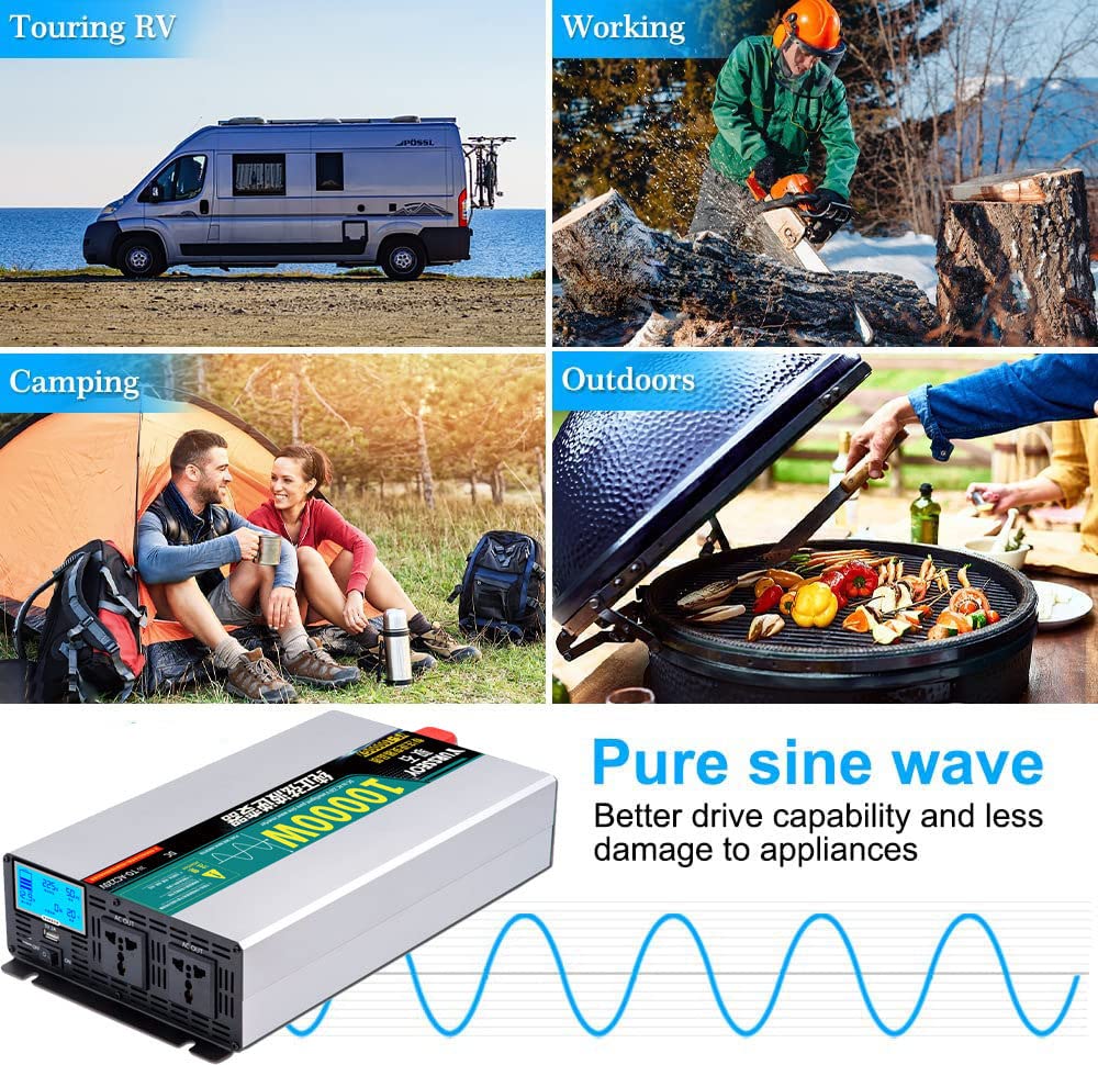 Przetwornica napięcia czysta sinusoida 12V 24V 48V 60V 72V na 230V przetwornica sinusoida 3500W 4500W 5500W 7000W 8000W 10000W przetwornica prądu przetwornica z gniazdem, pilotem, ekranem,10000W-12V