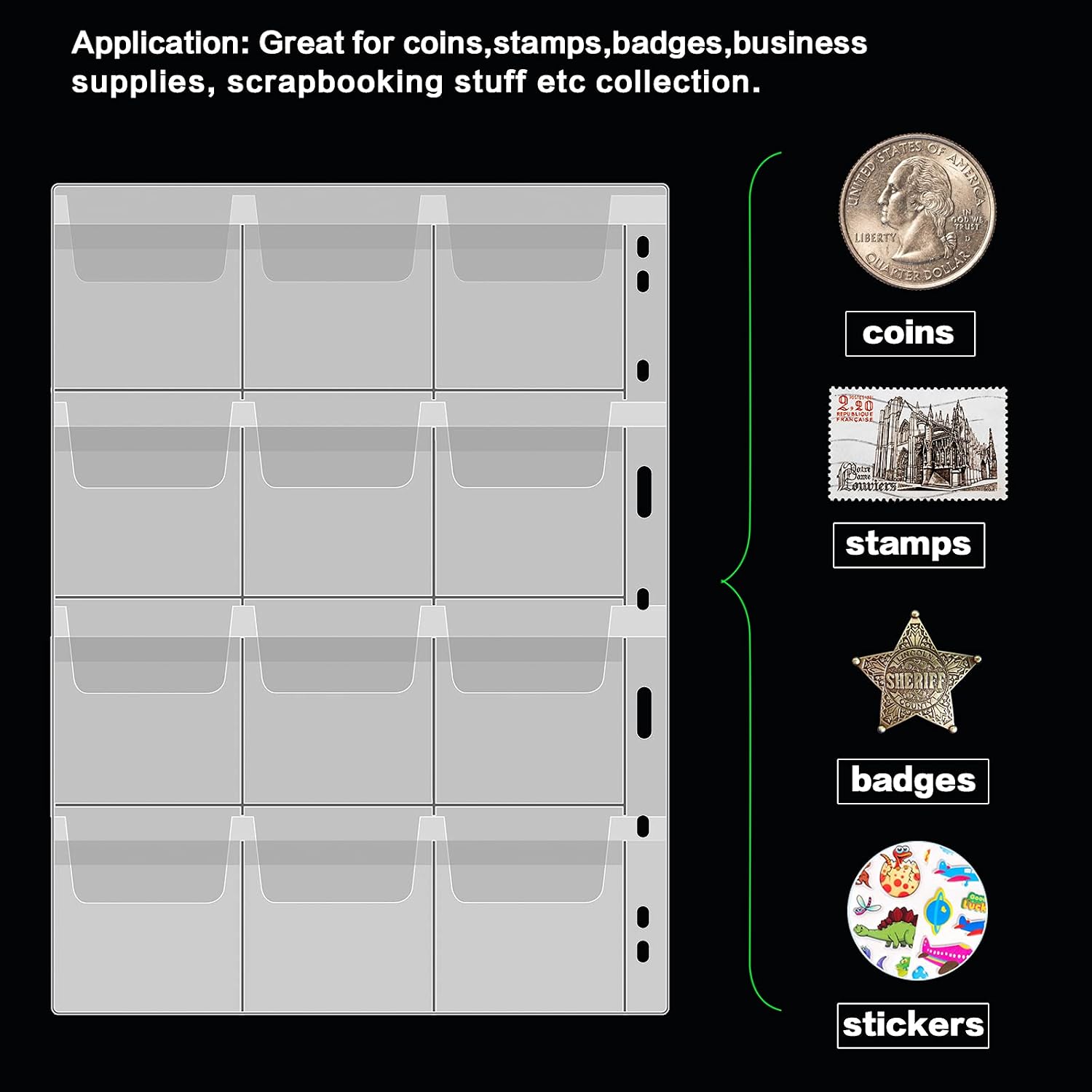 10 Sheets Coin Collection Pages - Coins Pocket Page with 120 Pockets. Coin Binder Inserts Sleeves with Standard 9 Hole for Coin Album. Storage Holder for Currency, Stamp, Badges and Other Supplies