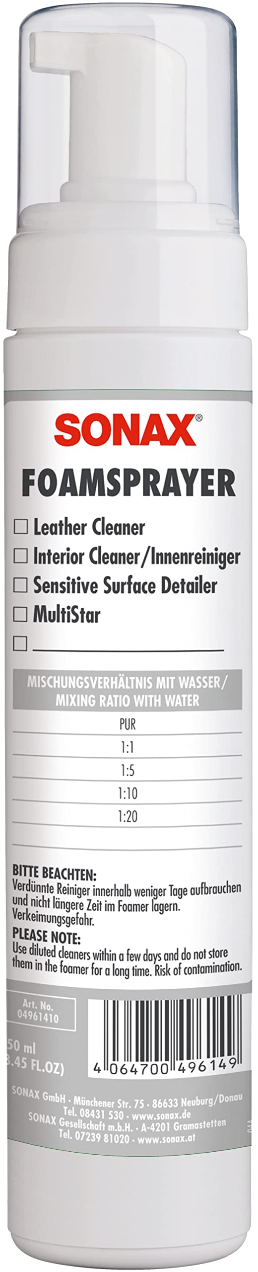 SONAX FoamSprayer (250 ml) Schaumsprüher erzeugt einen voluminösen, lange stehenden Schaum. Verwendbar im Fahrzeuginnenraum | Art-Nr. 04961410