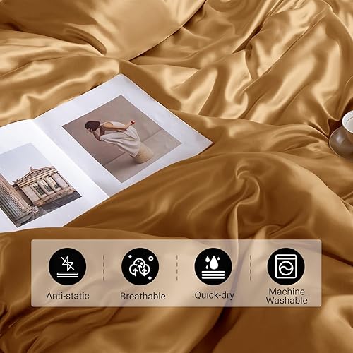 Miniatura 4 de THXSILK Juego de sábanas de seda de 4 piezas, juego de sábanas de tamaño matrimonial, 22 sábanas de seda Momme 7A+, sábanas suaves y transpirables