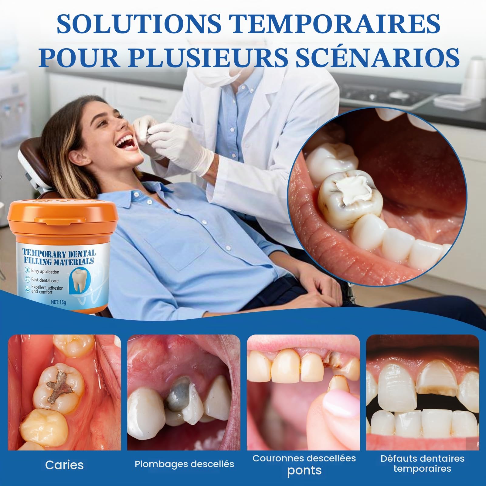 Pansement Dentaire, Temporaire Ciment Dentaire, Pansement Dentaire Trou pour Boucher, Carie, Rebouchement Couronnes et Bridges, Prêt À L'emploi, 15g