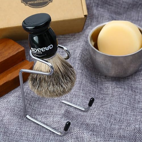 Miniatura 7 de Anbbas Pure Badger Bristles Brocha de afeitar con mango de madera negra y barra de jabón de repuesto de 3.53 oz, soporte de afeitado de acero