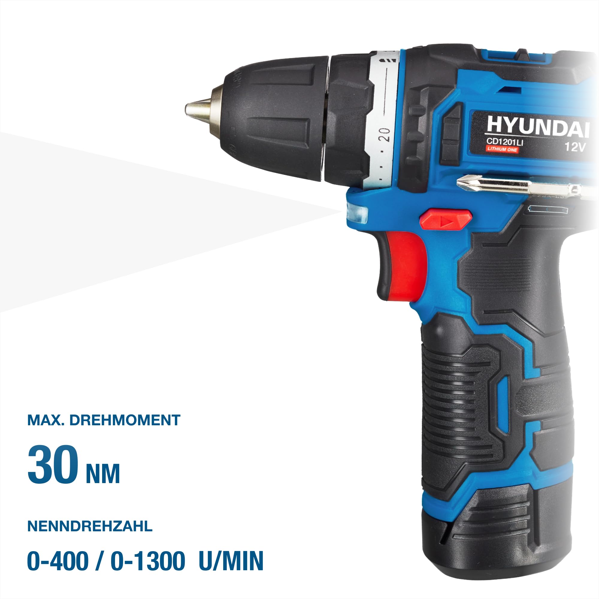 HYUNDAI Akkuschrauber CD1201LI SET, Akkubohrschrauber 12V, Akkubohrer, Bohrmaschine im Koffer mit 1 x 2.0Ah Akku, Schnellladegerät, inkl. 13-teiligem Zubehör