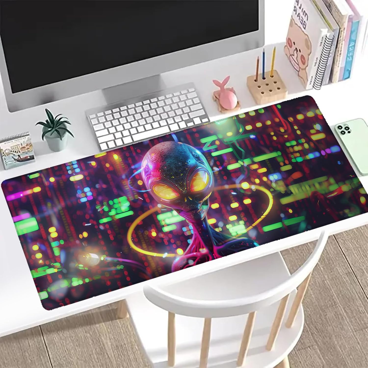 Cyberpunk Alien Gaming Mouse Pad, Office Desk Mat, Anti-Slip Rubber Base Cool Aesthetic Mouse Pads for Computer Laptop Keyboard School Home Desktop Gamer Home Accessories Decor 31.5" x 11.8"