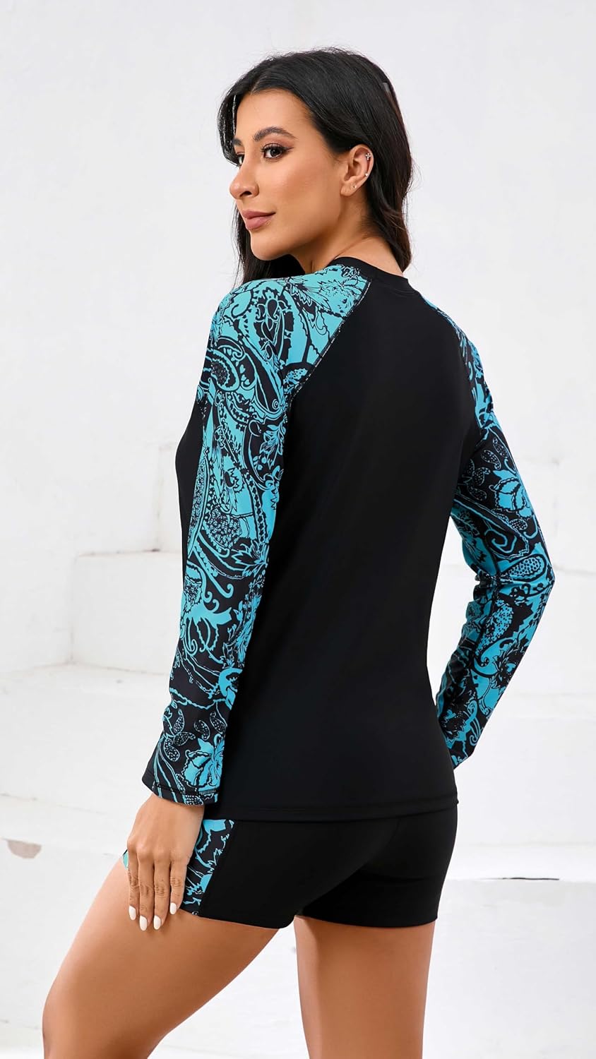 Halcurt Women's Built in Bra Rash Guard Long Sleeve Swimwear UPF 50 Two Piece Swim Shorts and Tops - Image 2