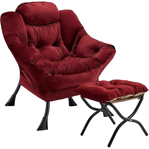 Lazy Chair with Folding Ottoman Modern Large Accent Chair,Contemporary Lounge Leisure Sofa Chair with Armrests Upholstered Sofa Armchair Reading Chair for Bedroom,Dorm&Office (Dusty Rose-f)