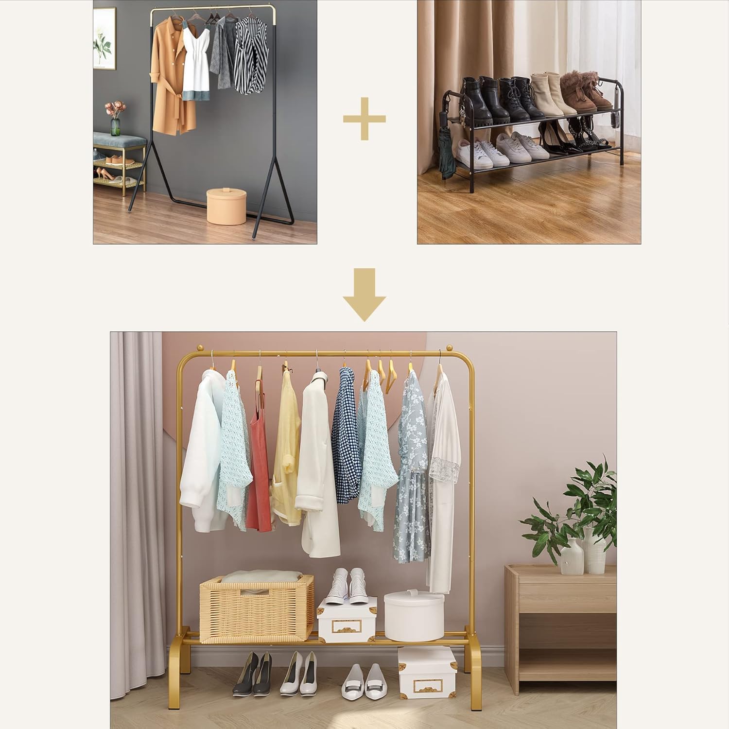 EVRUM Metal Single Garment Stand with Bottom Shelves Garment Rack Metal Coat Hanging Rack with Multipurpose Shelf Clothes Shoes Blanket Standing Storage Organizer 4 Hooks Coat Rack -Golden 4
