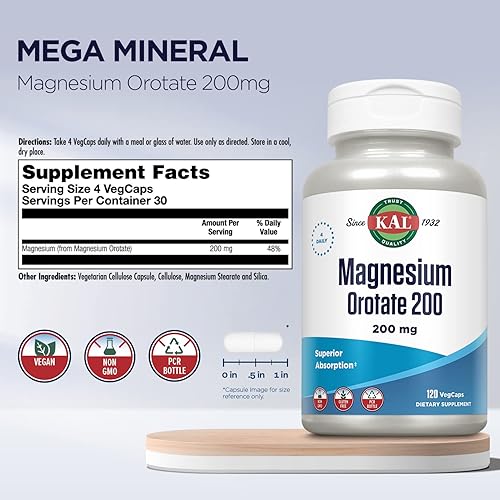 Miniatura 2 de KAL Orotato de magnesio 200 mg, fórmula de absorción superior, magnesio quelado para huesos saludables, dientes, nervios y función muscular,
