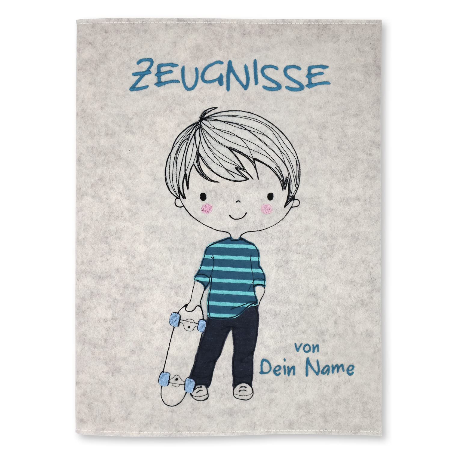 Zeugnismappe Skateboarder weiß personalisiert mit Namen 100% Wollfilzumschlag und Sichtbuch DIN A4 mit 20 Hüllen