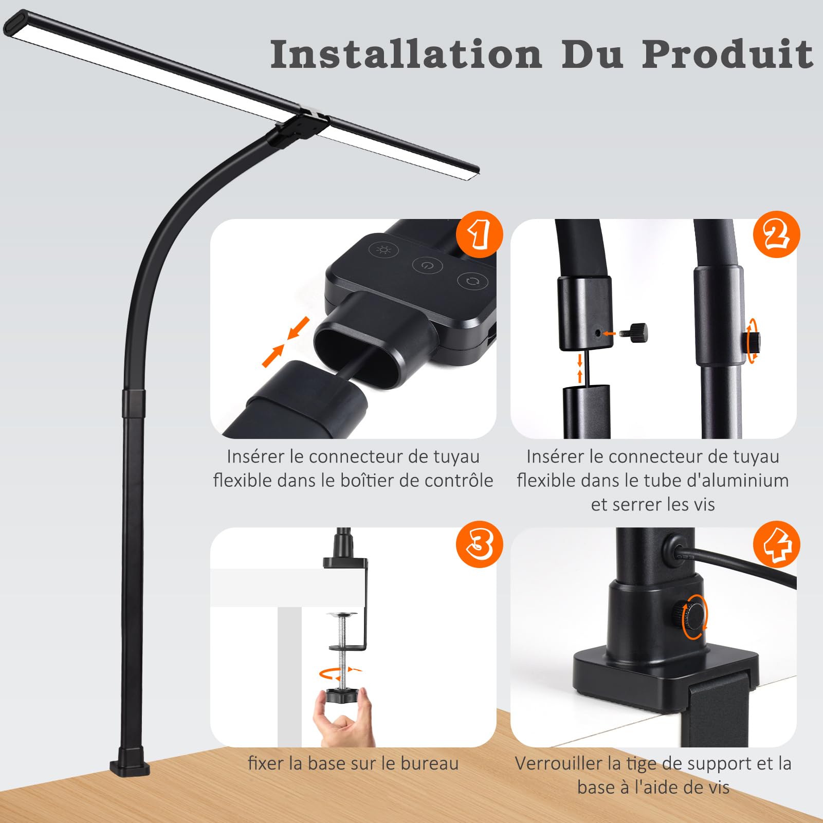 Gindoly Lampe de Table LED Puissante Pince d'architecte Double tête 24W 80CM