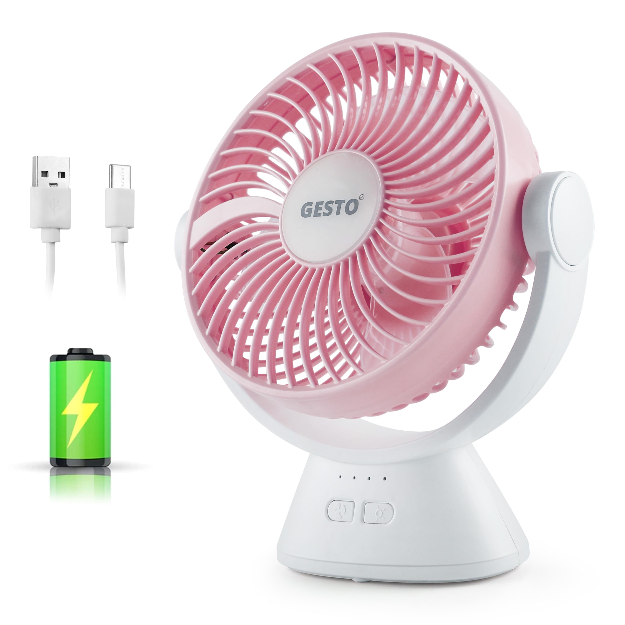 Gesto Table Fan High-Speed Rechargeable With Led Light  6 Inch Noiseless Portable Fan With 4 Speed Modes | 2400mAh Battery Up to 8 Hours Runtime USB C...