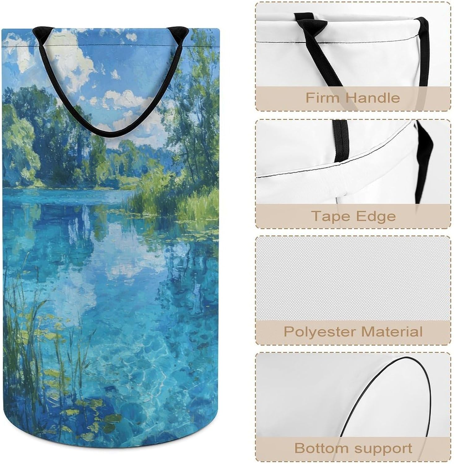 Sky Blue Oil Painting Laundry Hamper with Handles Waterproof Collapsible Laundry Basket Large Lightweight Round Dirty Clothes Hamper for Home Dorm Bathroom Decor