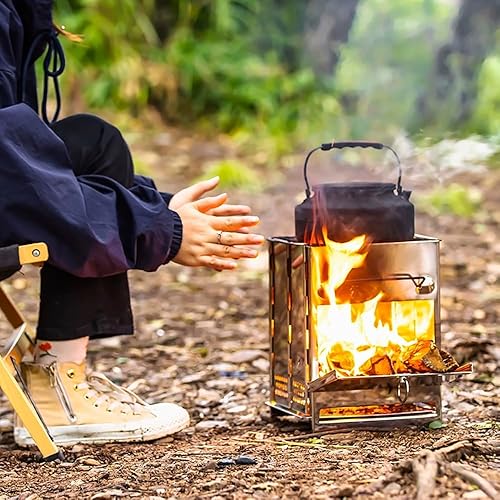 Vista 2 de REDCAMP Estufa de campamento plegable de leña con rejilla de acero inoxidable, estufa plegable portátil para mochilero, estufa de cohete