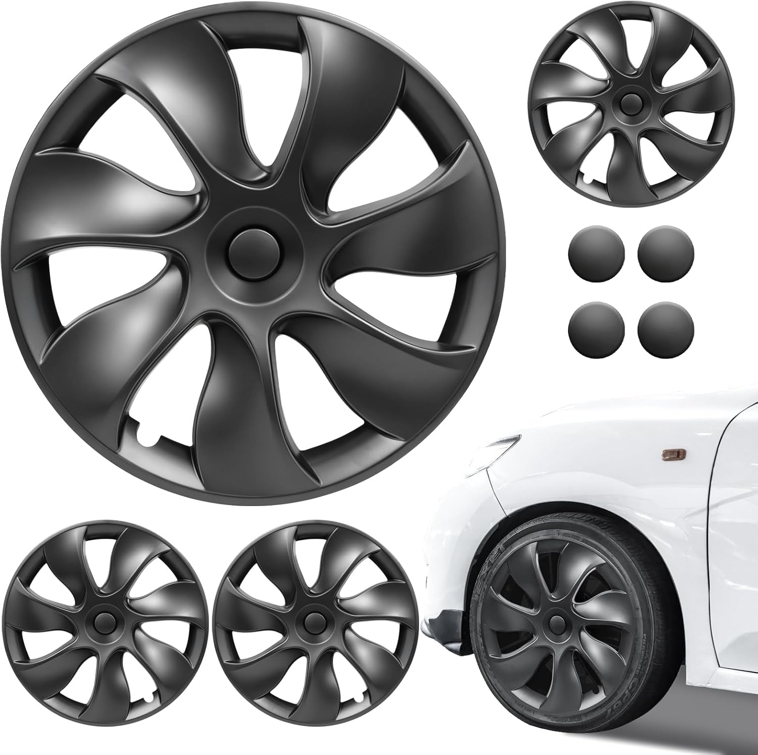 Wheel Cover for Model Y 19 Inch 2019 2020 2021 2022 2023 2024 Upgrade Abs Matte Black Hubcaps (Cyclone)