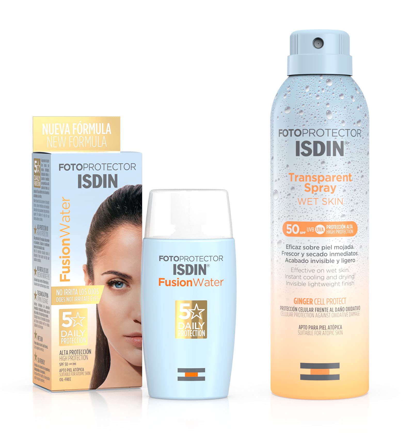ISDIN Fusion Water LSF 50 | Sonnencreme für das Gesicht zur täglichen Anwendung| Ultraleichte Textur, 50 ml + Wet Skin Transparent Spray 50 | unsichtbarer und leichter Lichtschutz | 250 ml
