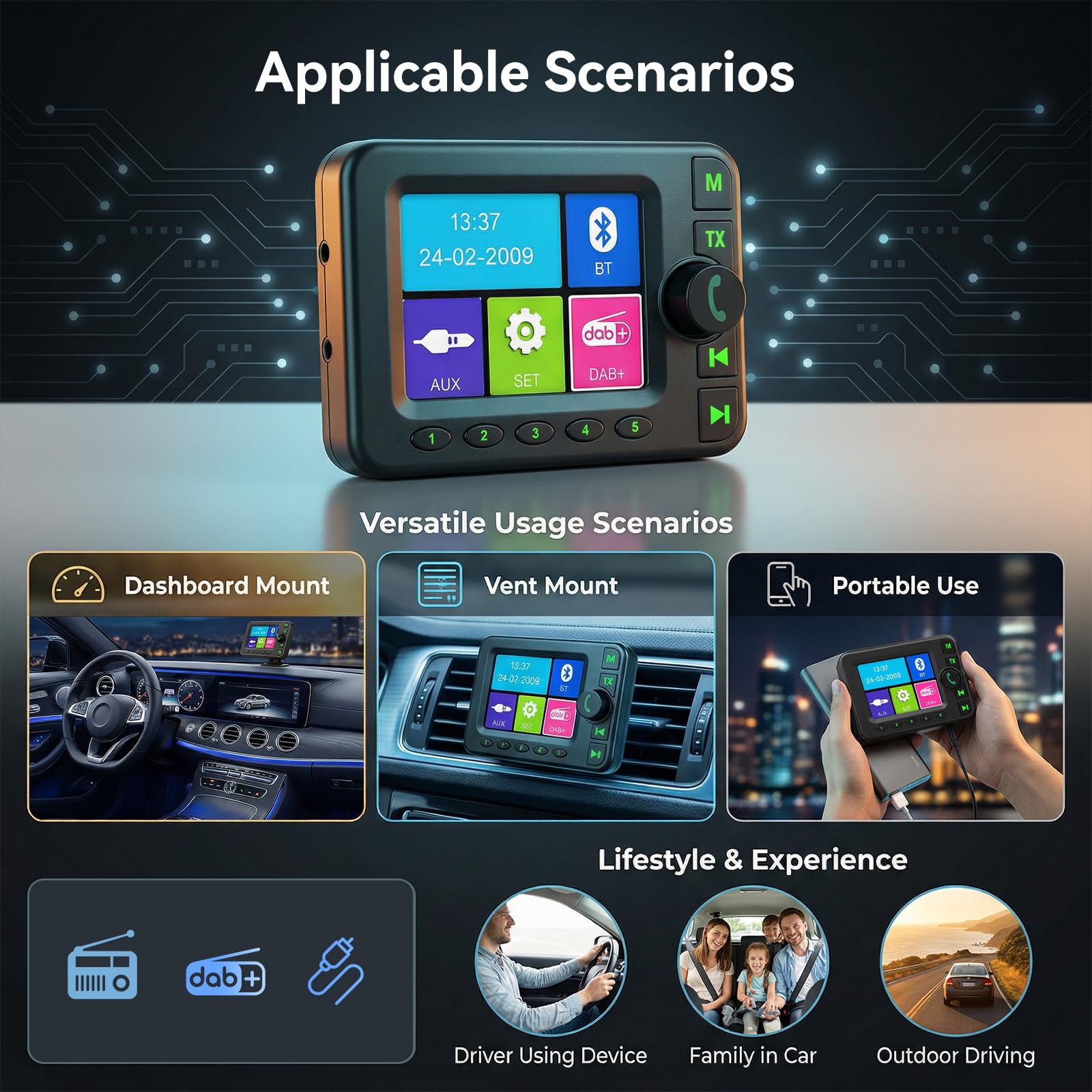 Adattatore DAB DAB+ per autoradio con Bluetooth, trasmettitore FM | Adattatore DAB Plus per auto, ingresso e uscita AUX, antenna ad alta sensibilità, chiamate in vivavoce, display da 2,8"