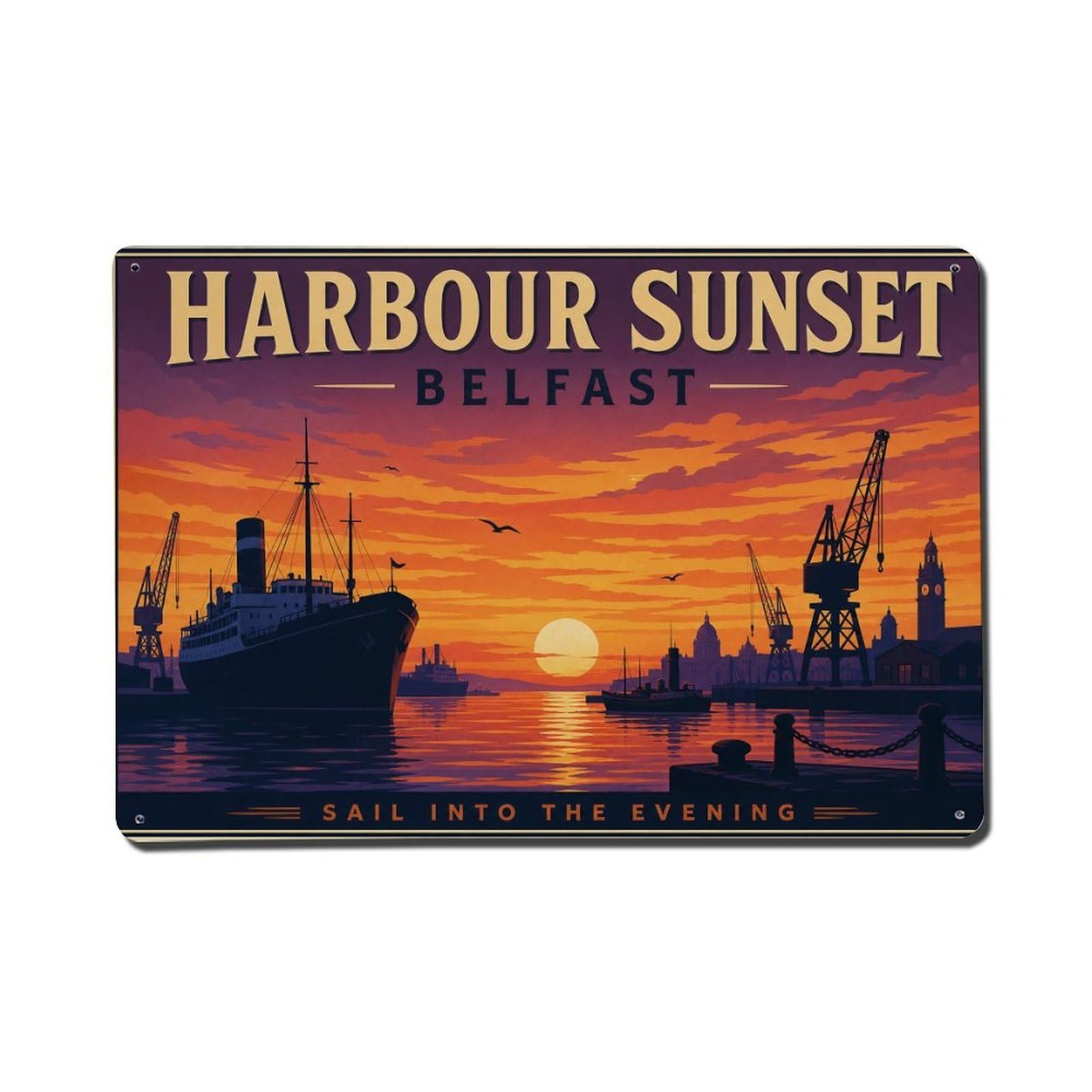 Fyrn Style Metal Tin Sign Vintage Travel Belfast Harbor Sunset Ireland Port Evening 1