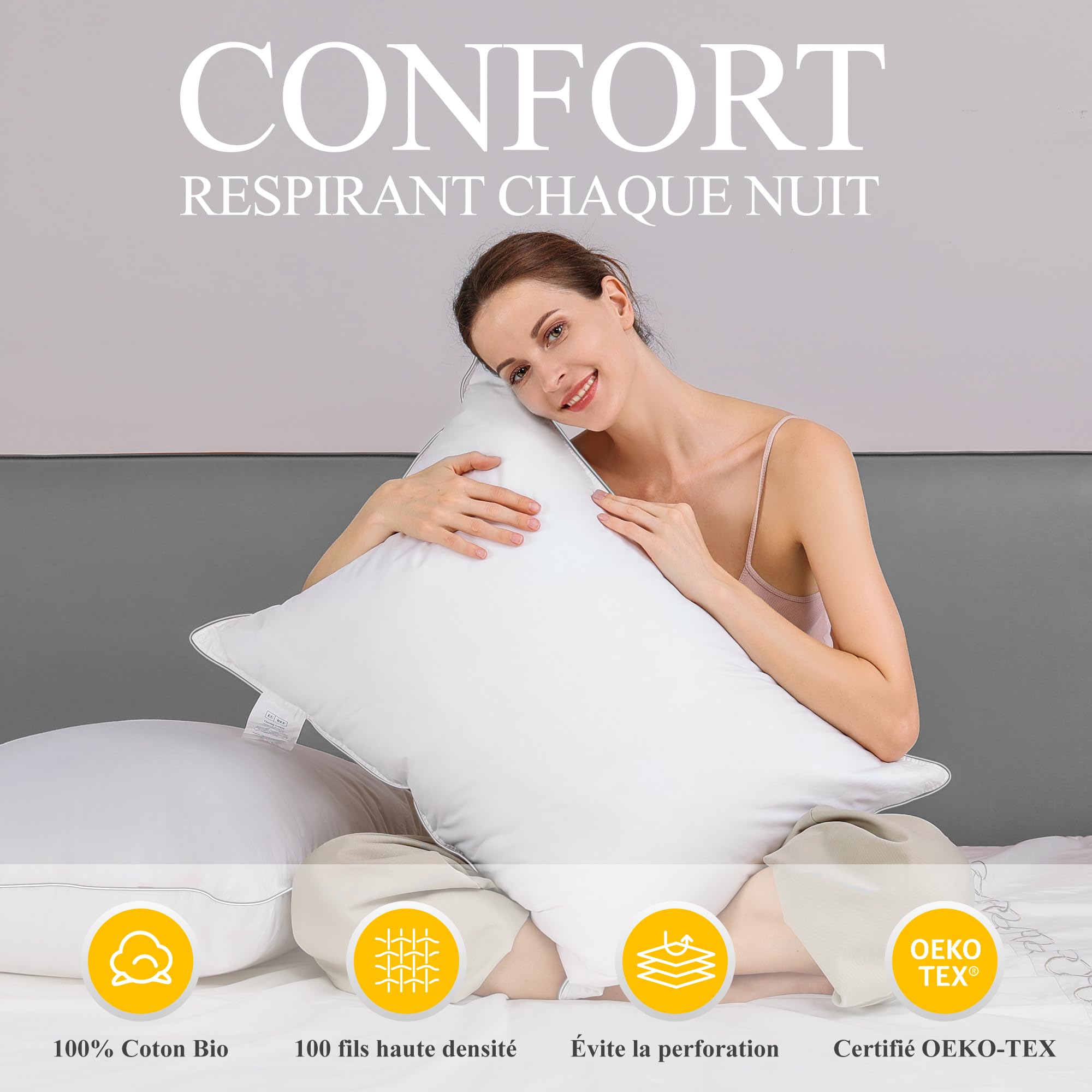 Oreiller 60x60 Plumes et Duvet Confort Oreillers Hôtel Coussin de Sommeil | Oreiller Plume 60x60, Coussins Hotellerie Luxe, Ergonomique Cervical Pillow pour Un Soutien Optimal, Certifié RDS et Oeko-TEX