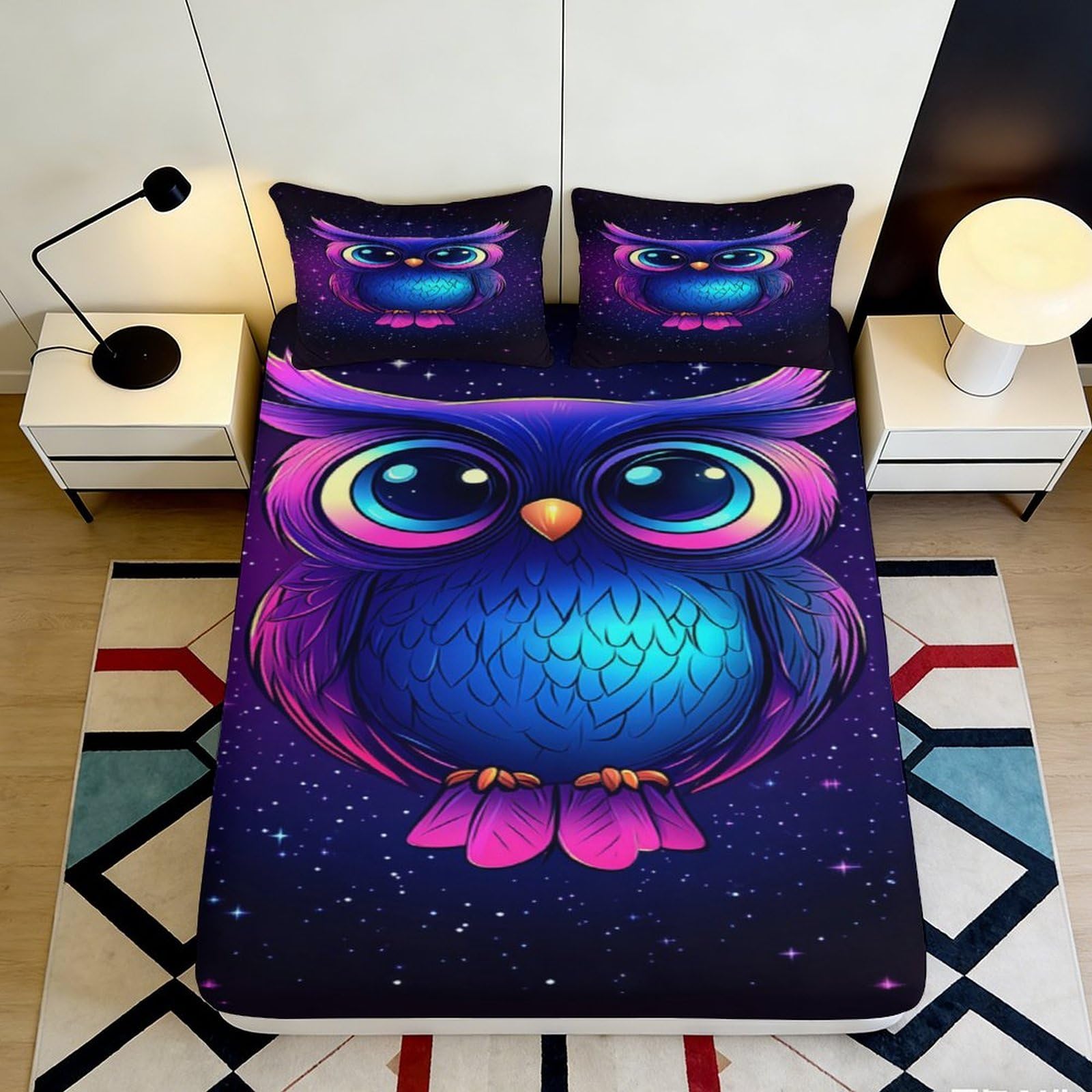 Jqzkxnhpbr Style-8 3D Printed Night Owl Fitted Sheet Microfiber Deep Blue Cartoon Mattress Cover For Bedroom Dorm Mattress Protection Decor 90X200x25cm