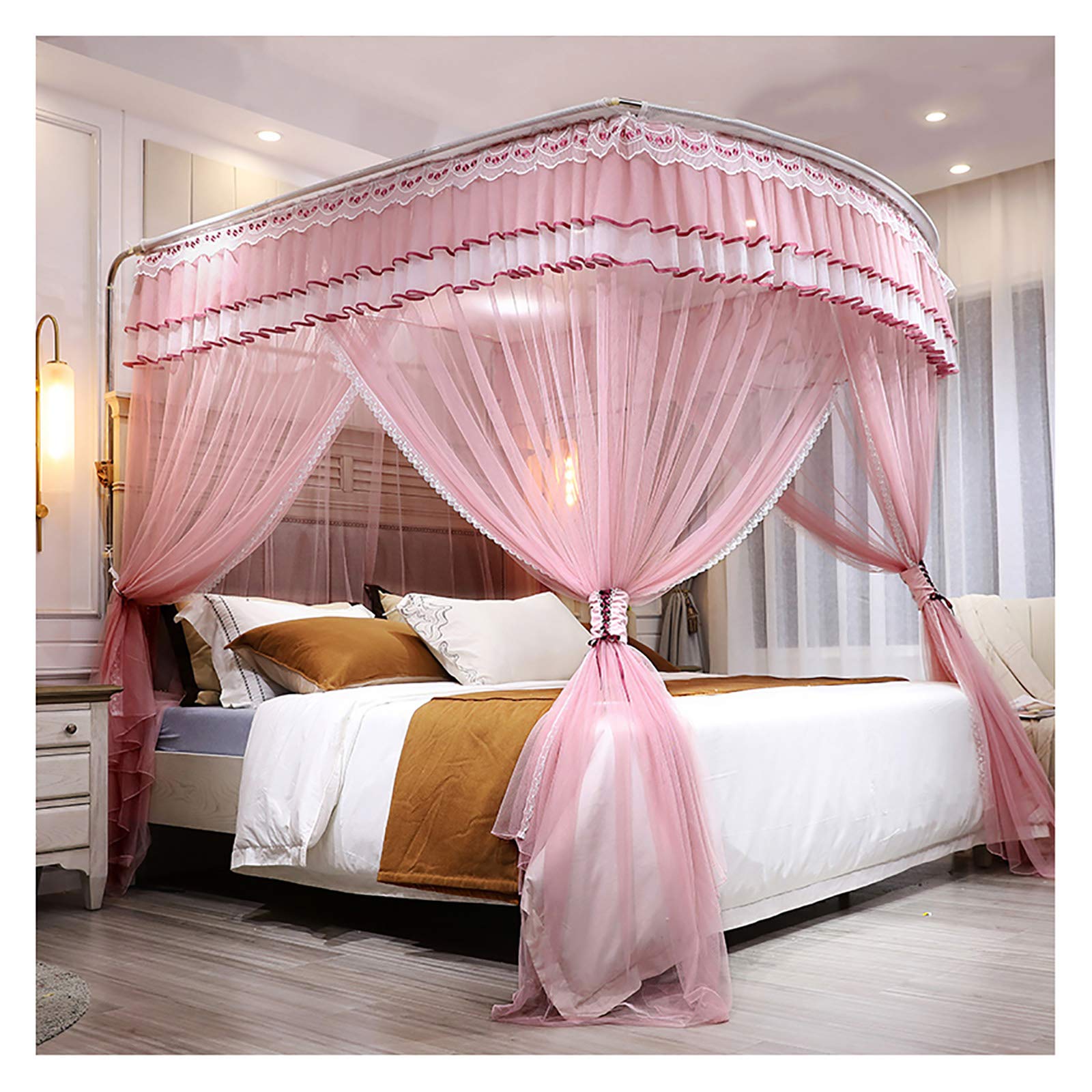 Mosquitera de cama con soporte en U de 4 postes y 3 aberturas para King size