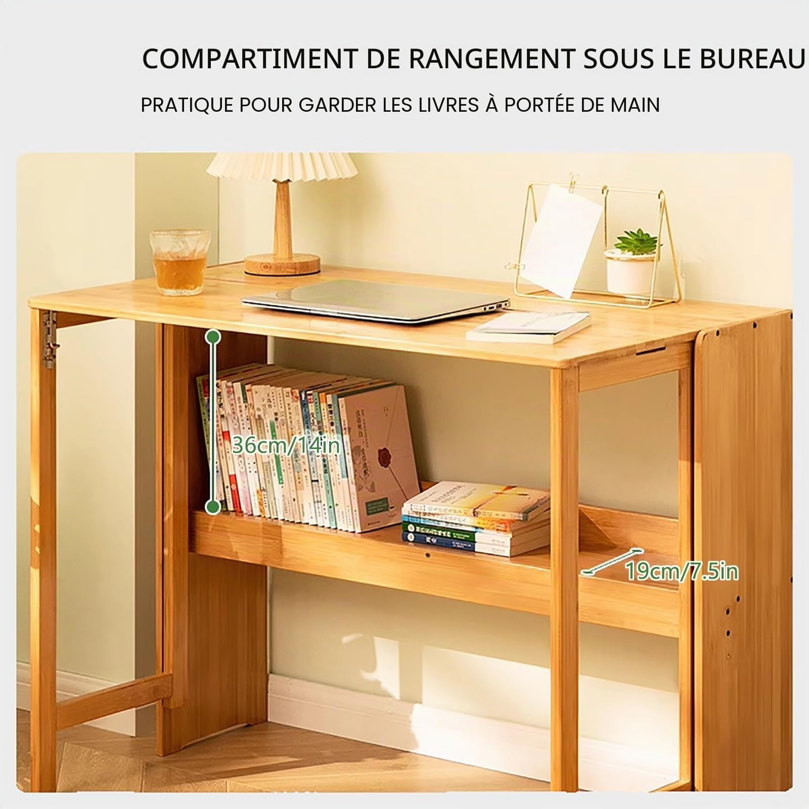 Table Pliante en Bambou Naturel, Bureau Extensible Pour Petit Espace, Avec Huche, Pour l'Étude et le Travail (Couleur Originale 100cm/39.3)