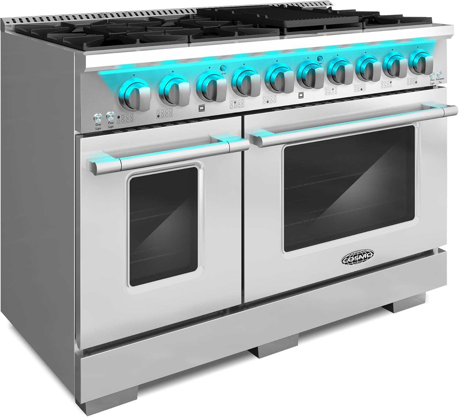 48 in. Lumin Collection 5.5 cu. ft. Double Oven Dual Fuel Range with 8 Burners, Cast Iron Grates in Stainless Steel