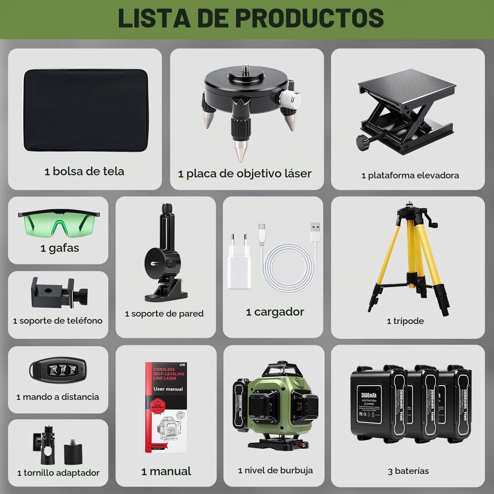 Nivel Laser Autonivelante, 4D 16 Líneas Nivel Laser Verde Con TríPode, Digital Niveles LáSer Con 3 x 3600 Mah BateríA 2 x 360 Horizontal Y 2 x 360 Verticales, Control Remoto/App, Montaje En Pared