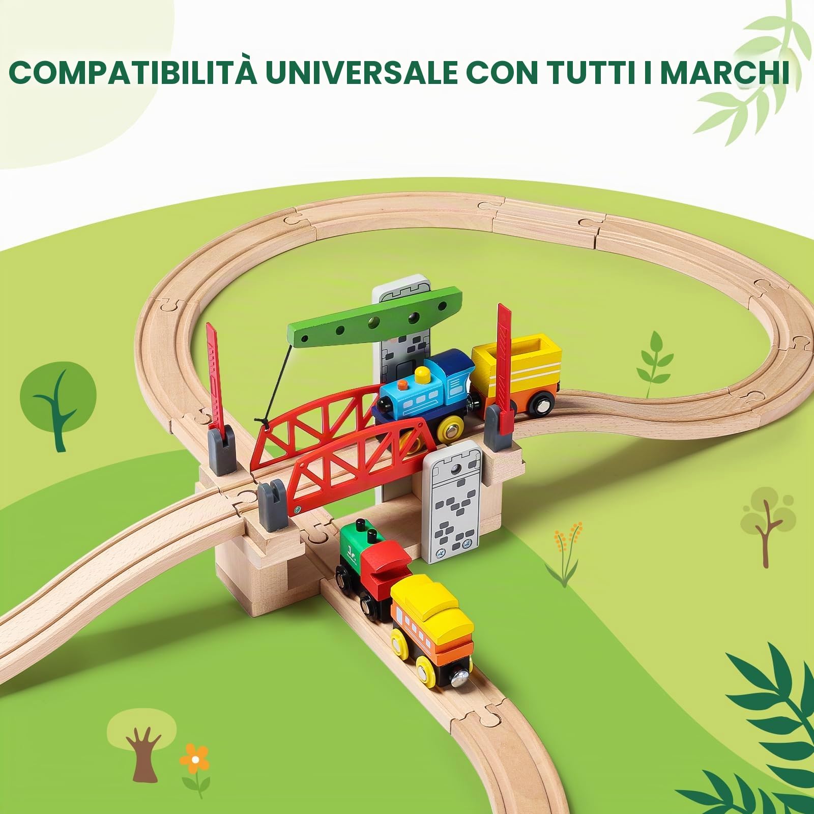 SainSmart Jr. Set di treni in legno, set di ponte di sollevamento mobile con binario per bambini, compatibile con Thomas, Brio, Chuggington, Melissa e Doug