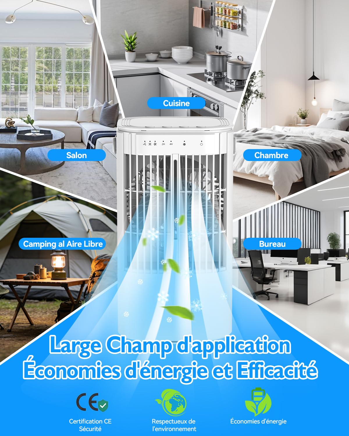 Climatiseur Portable, 4-En-1 Refroidisseur par éVaporation avec 3 Vitesses & 2 Modes Brumisation, 900 Ml Mini Climatiseur, Ventilateur USB avec LumièRe Rgb & 2/4h Minuterie pour Chambre Bureau Camping