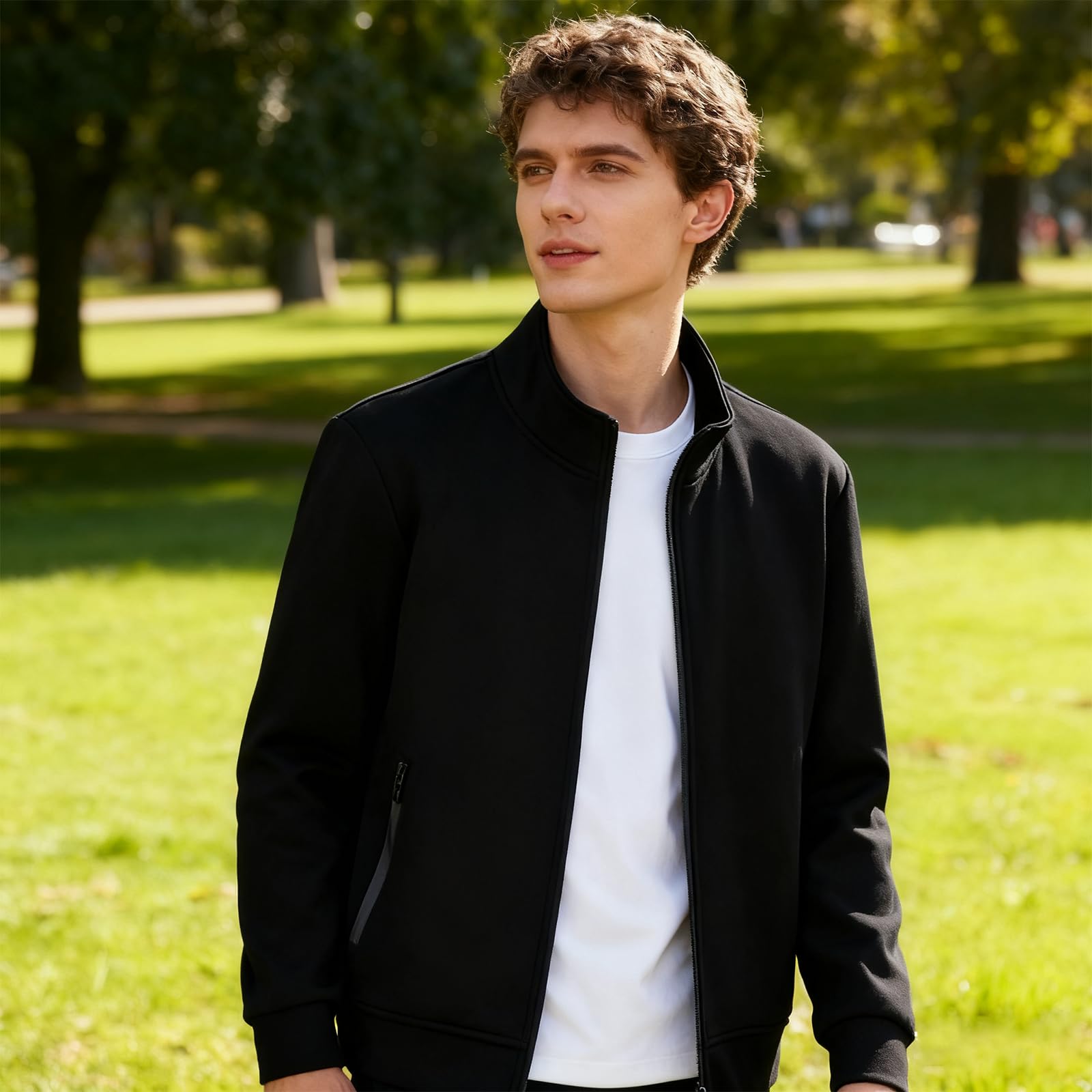 Giacca in pile da uomo personalizzata con testo e logo personalizzati con cerniera intera, colletto alla coreana, antivento, per corsa all'aperto, abbigliamento casual