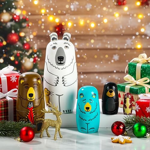 Miniatura 6 de Gejoy Muñecas rusas de anidación para niños, hechas a mano Matryoshka de madera, juguetes apilables, regalos coleccionables para invierno, Navidad