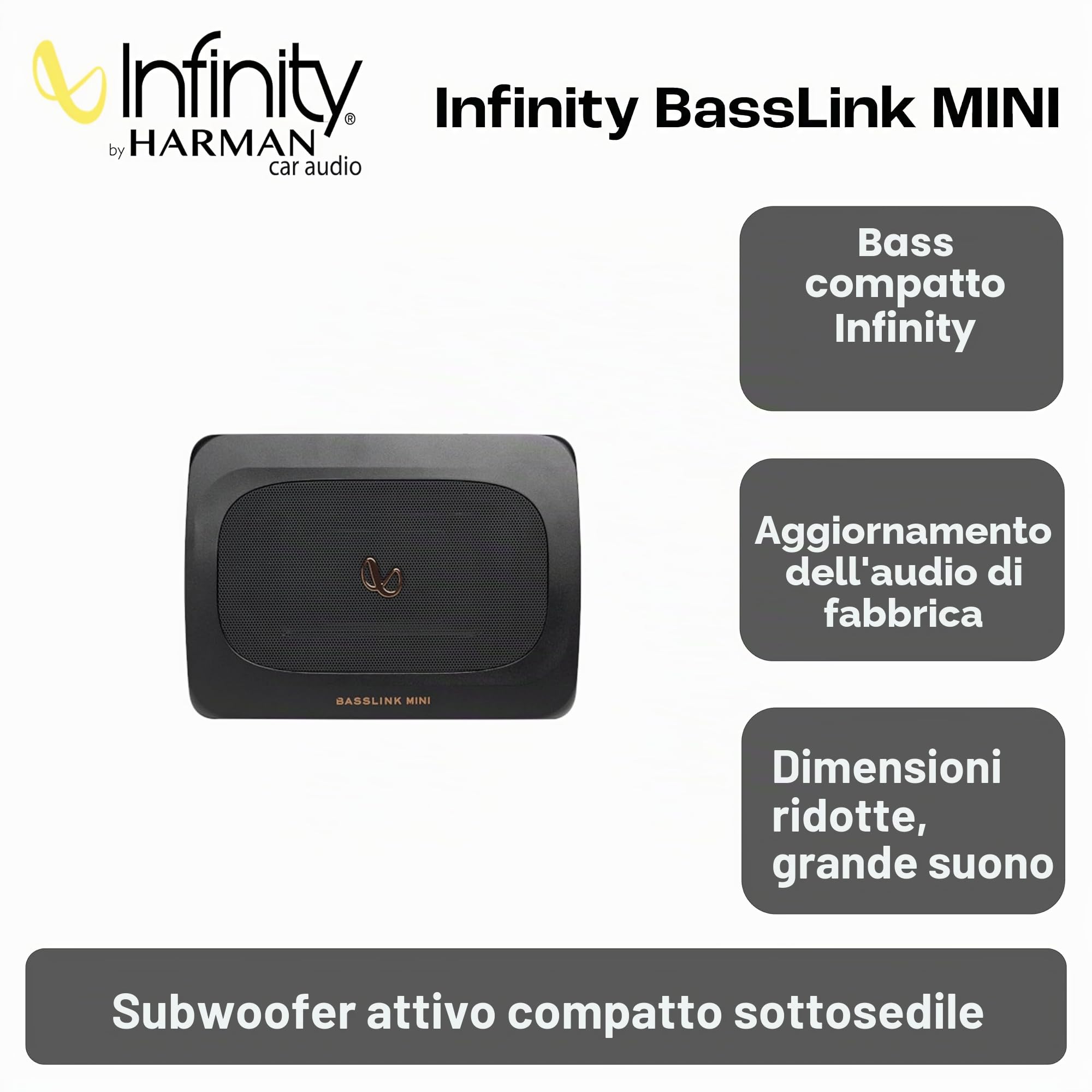 Infinity BassLink MINI Subwoofer attivo compatto 100W RMS e 200W max con altoparlante 6x8", struttura in alluminio, filtro passa-basso regolabile, bass boost e controllo remoto per suono potente