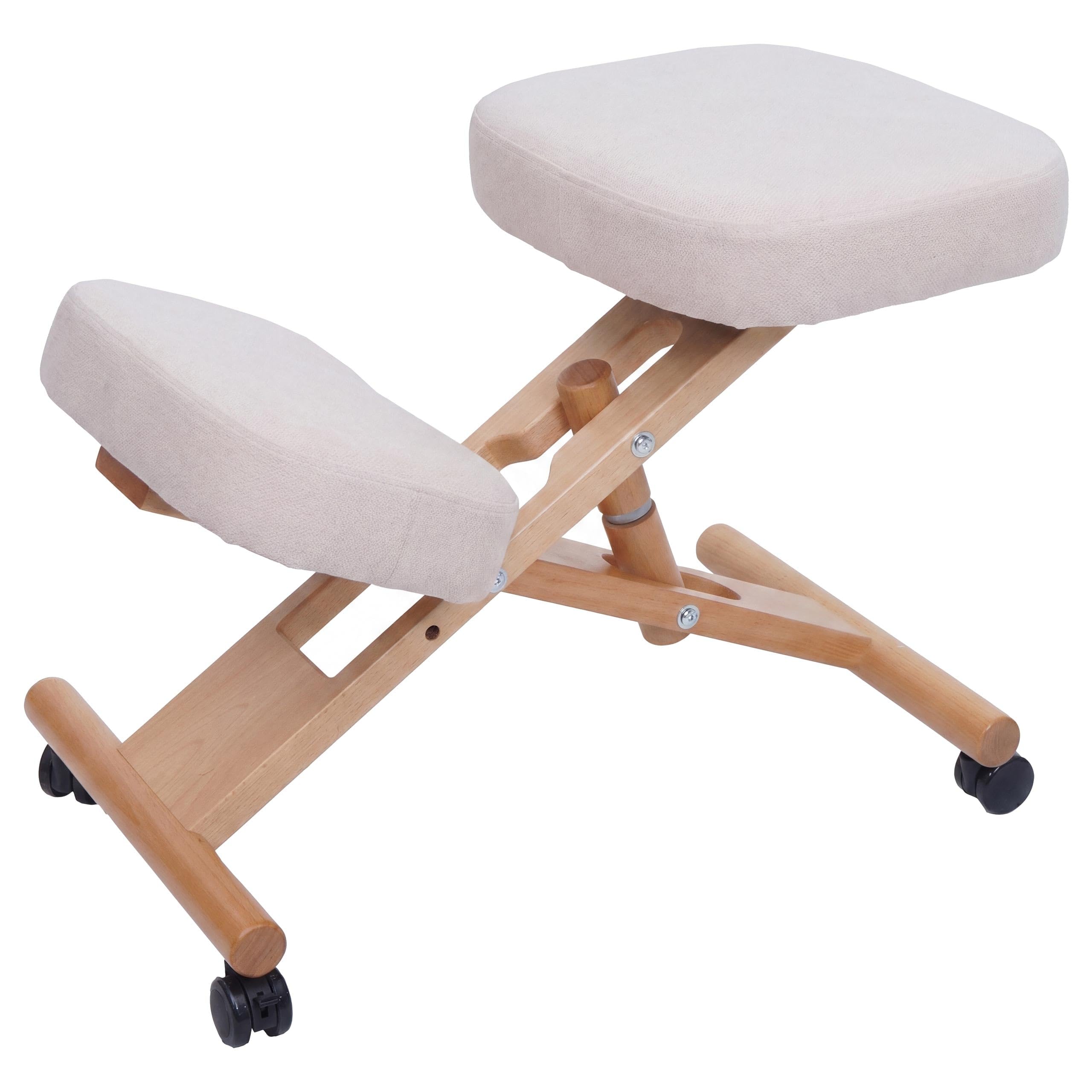 Mendler Kniestuhl HWC-Q46, Sitz-/Kniehocker höhenverstellbar Rollen Stoff/Textil (200g/m²) Holz - Creme