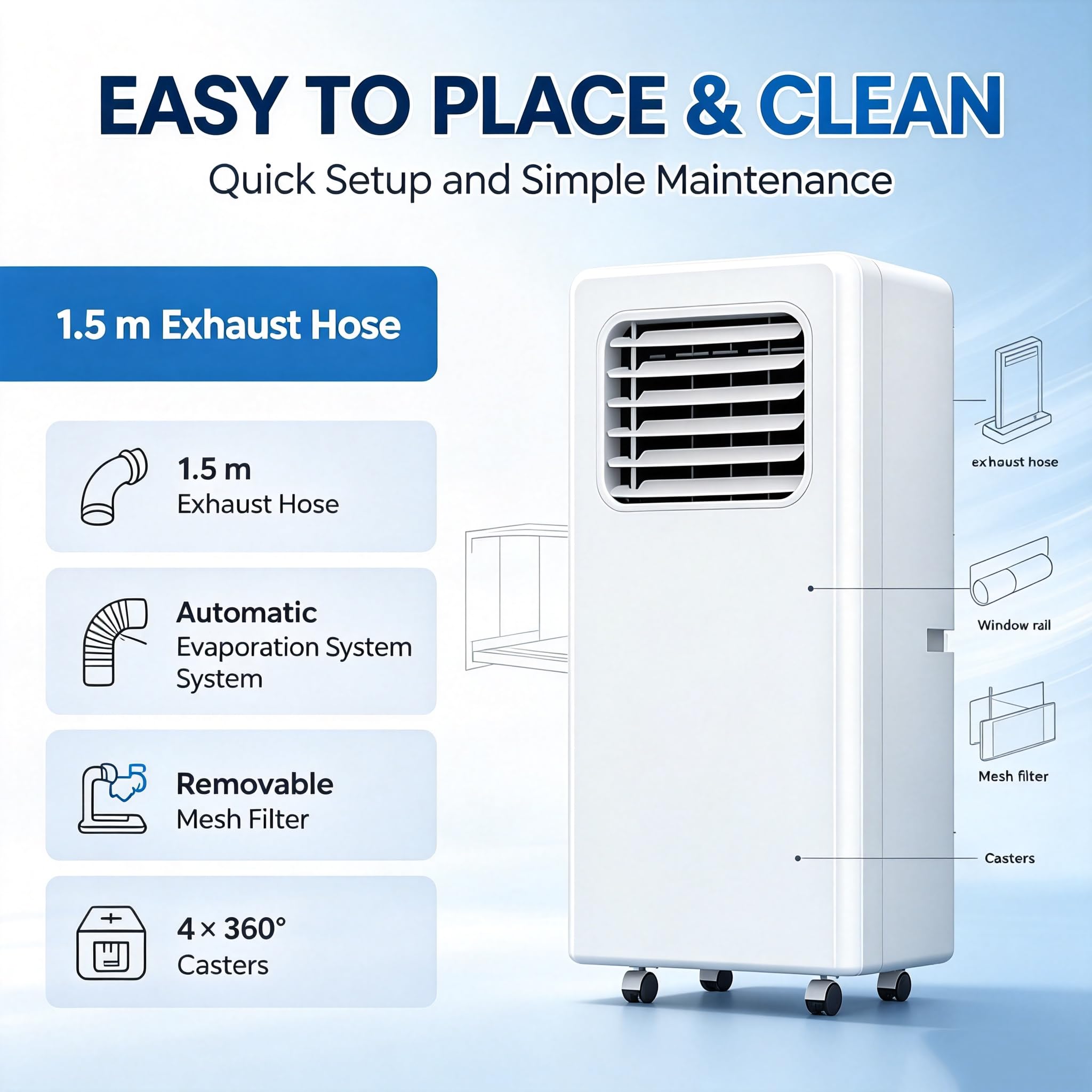 Climatiseur portable silencieux, refroidisseur mobile compact avec filtre à poussière et drainage continu, écran LED et télécommande, pour chambre ou appartement 12000btu