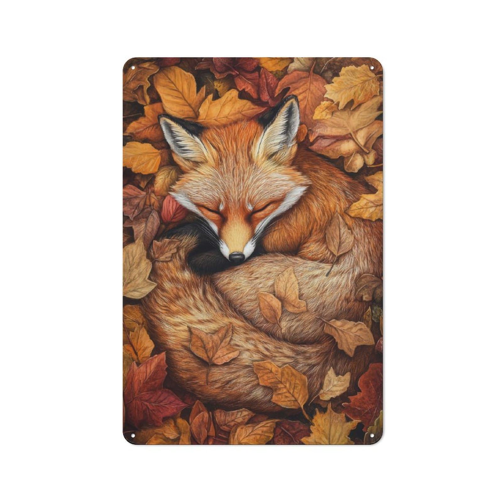 Junmoney Sleeping Fox In Autumn Leaves Vintage Cafe Metal Sign 30X20cm Featuring Bistro Wall Plaque For Tea Room, Shop Wall Or Breakfast Area